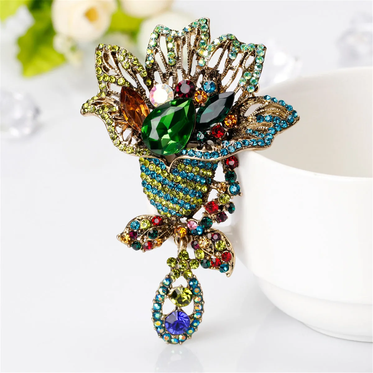 Green Multicolor Crystal & Cubic Zirconia 18K Gold-Plated Bouquet Brooch