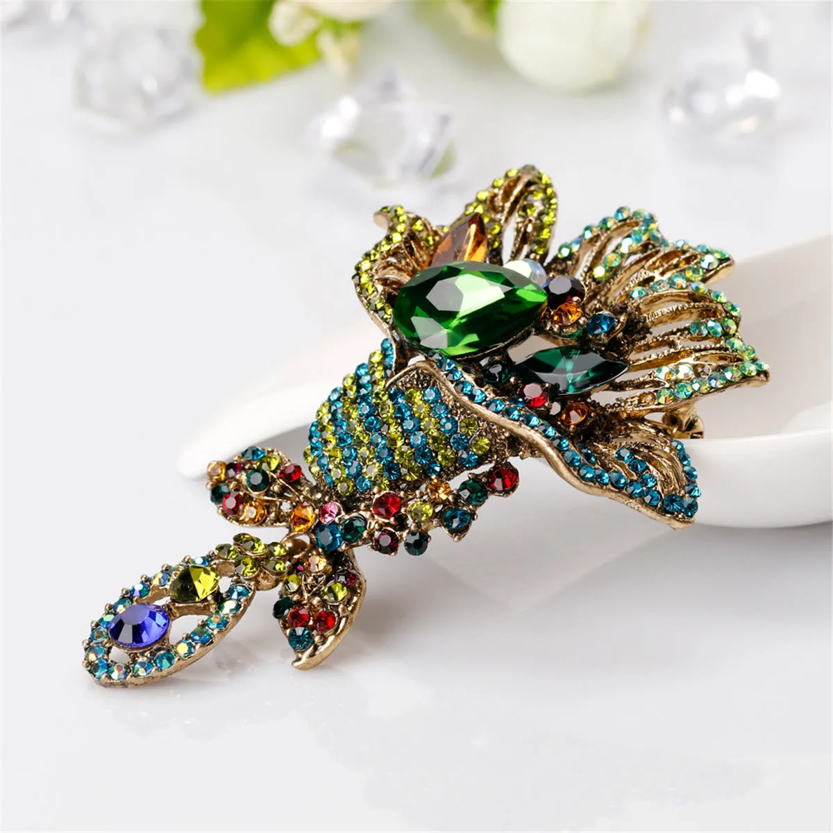 Green Multicolor Crystal & Cubic Zirconia 18K Gold-Plated Bouquet Brooch