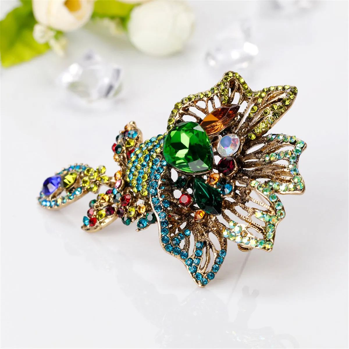Green Multicolor Crystal & Cubic Zirconia 18K Gold-Plated Bouquet Brooch