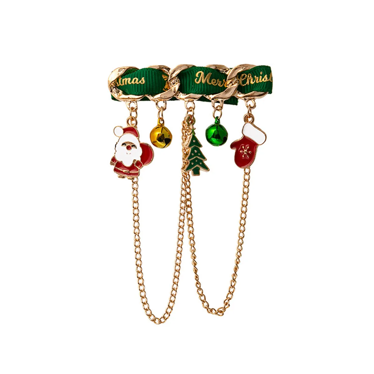 Green Polyster & Enamel 18K Gold-Plated Santa Tree Gloves Tassel Brooch