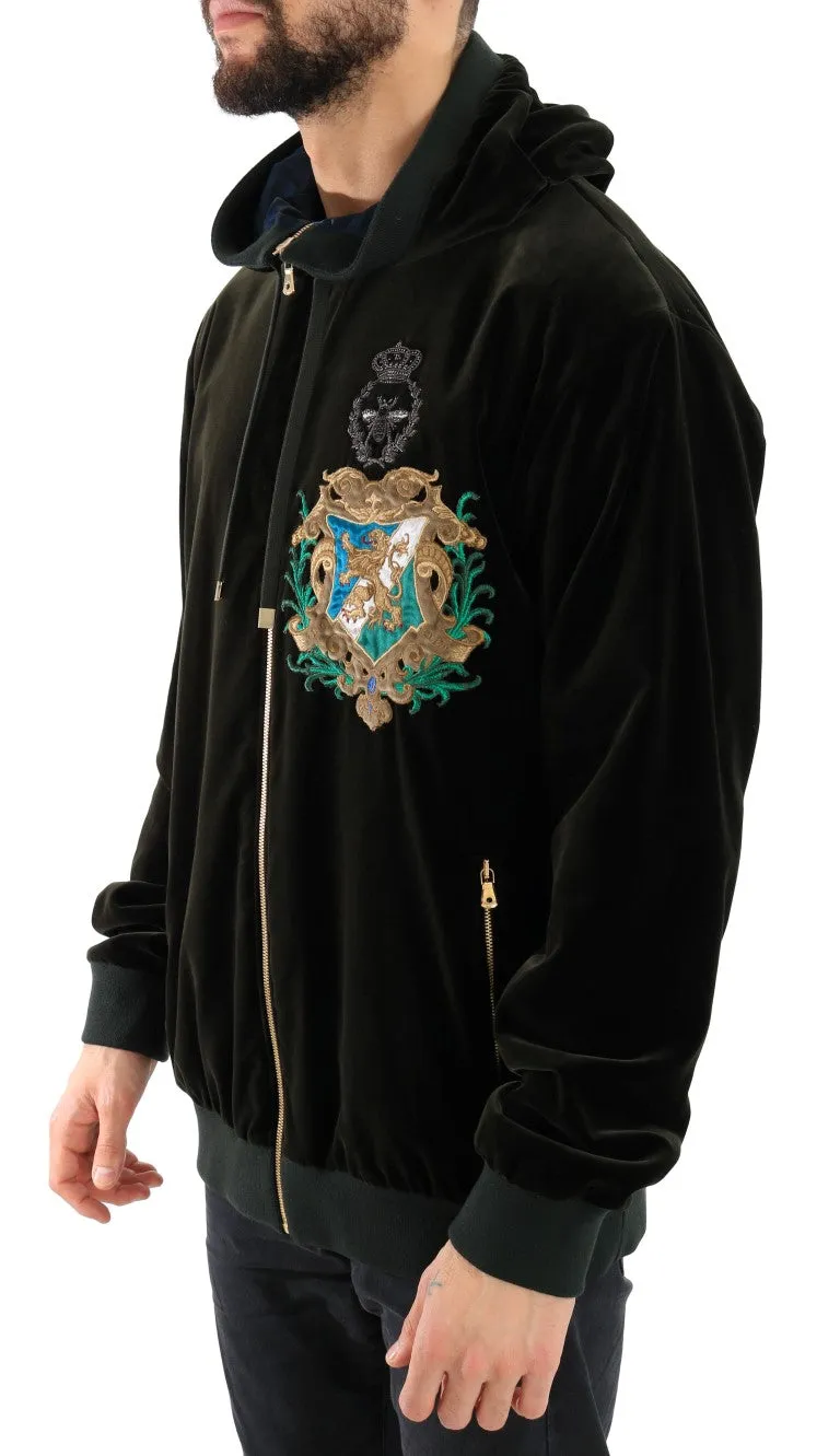 Green Velvet Zipper Hooded Sweater