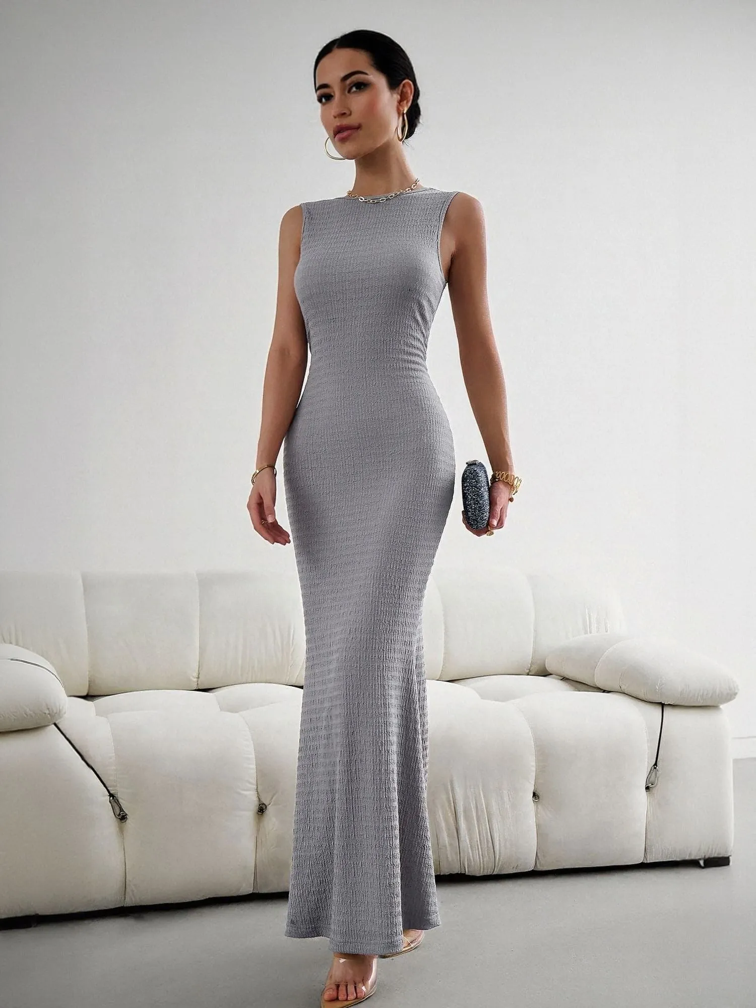Grey High Neck Textured Maxi Dress