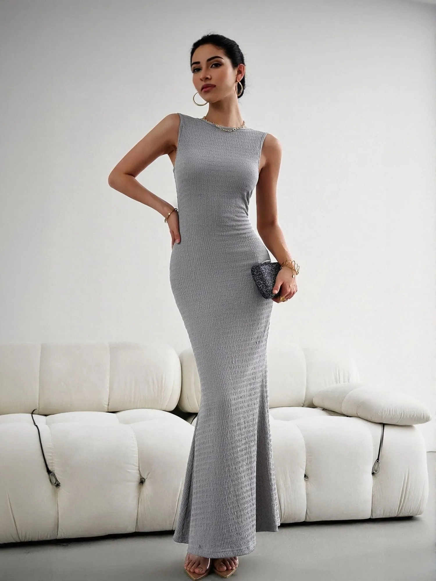 Grey High Neck Textured Maxi Dress