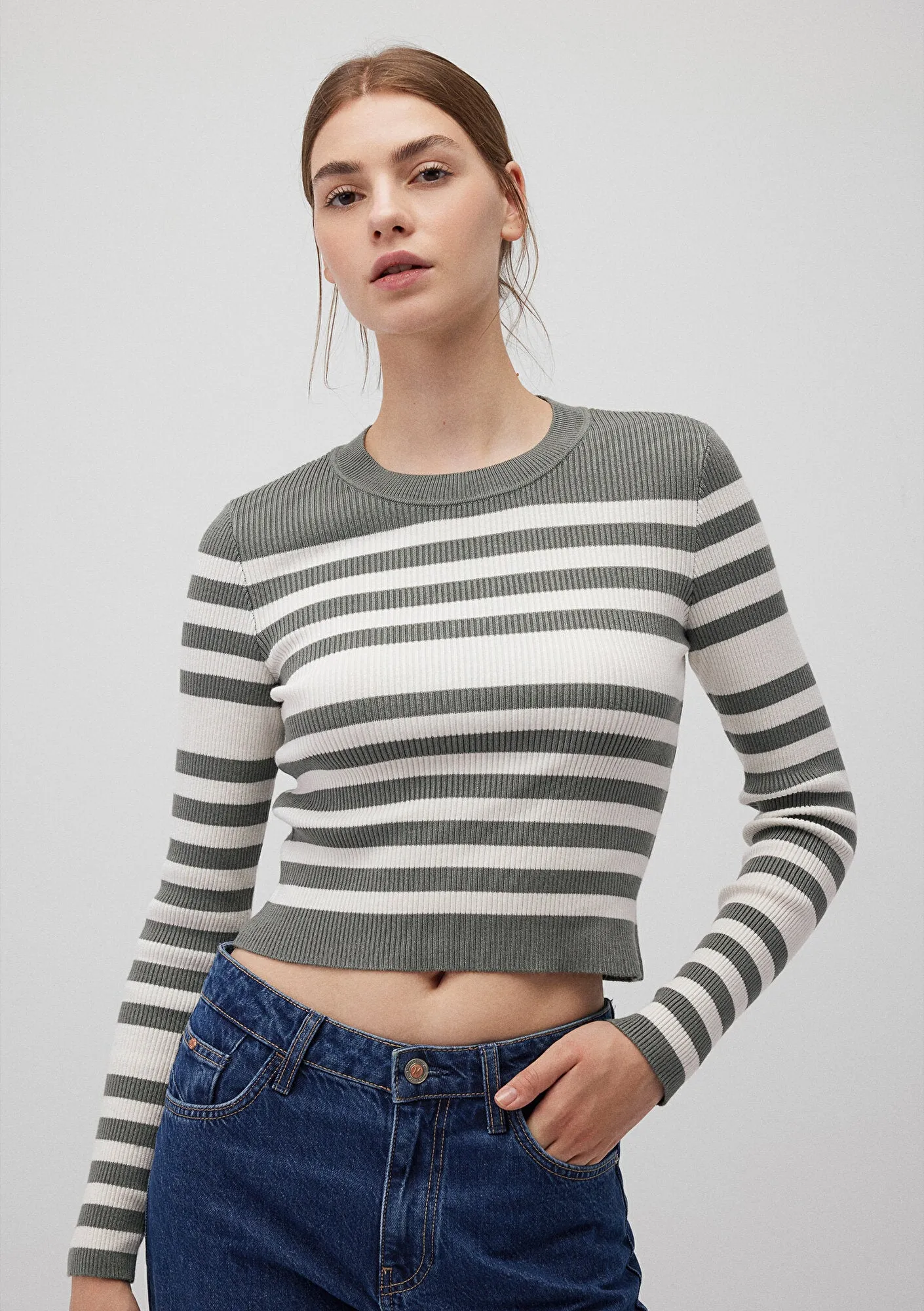Grey Striped Crewneck Sweater