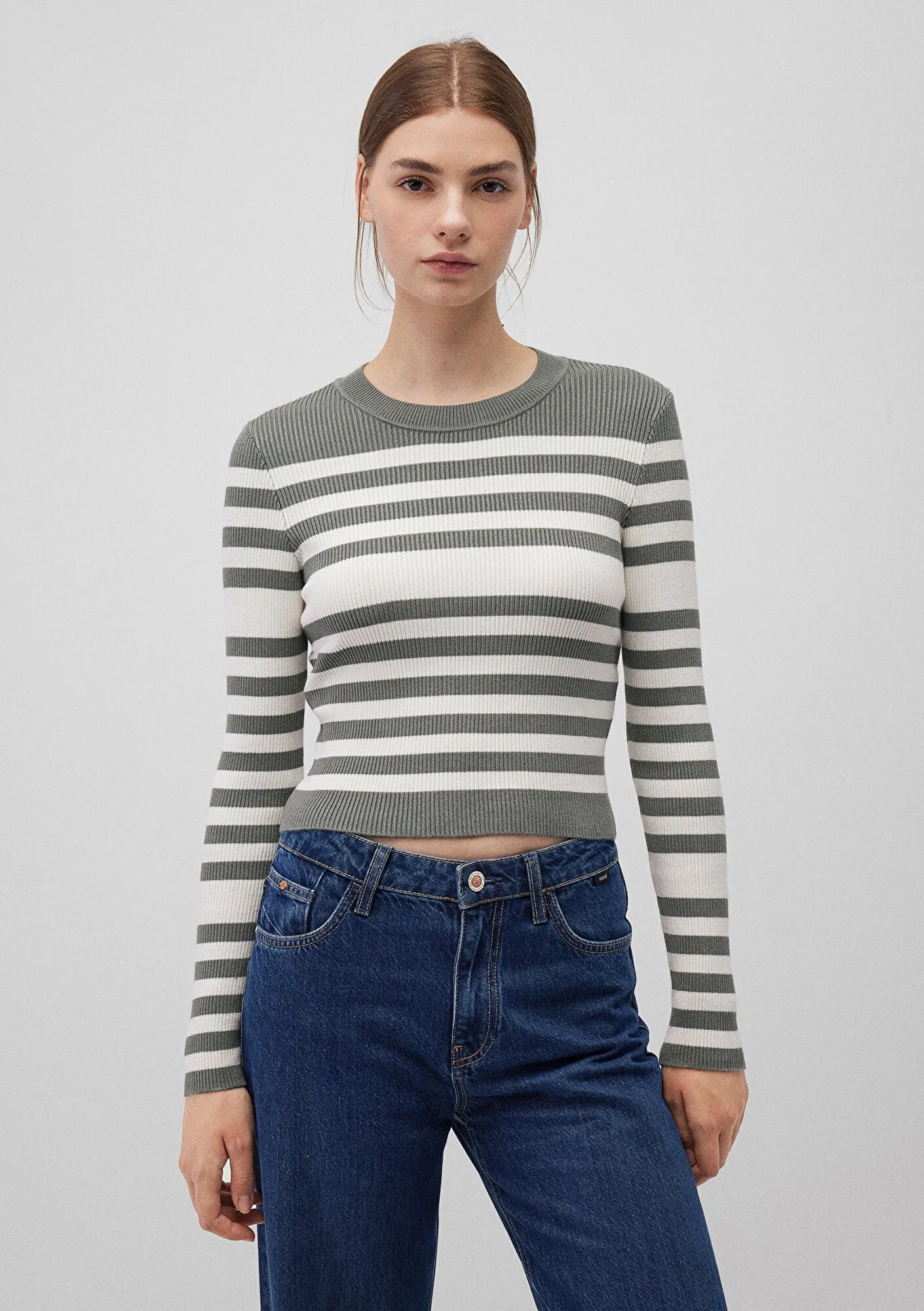 Grey Striped Crewneck Sweater