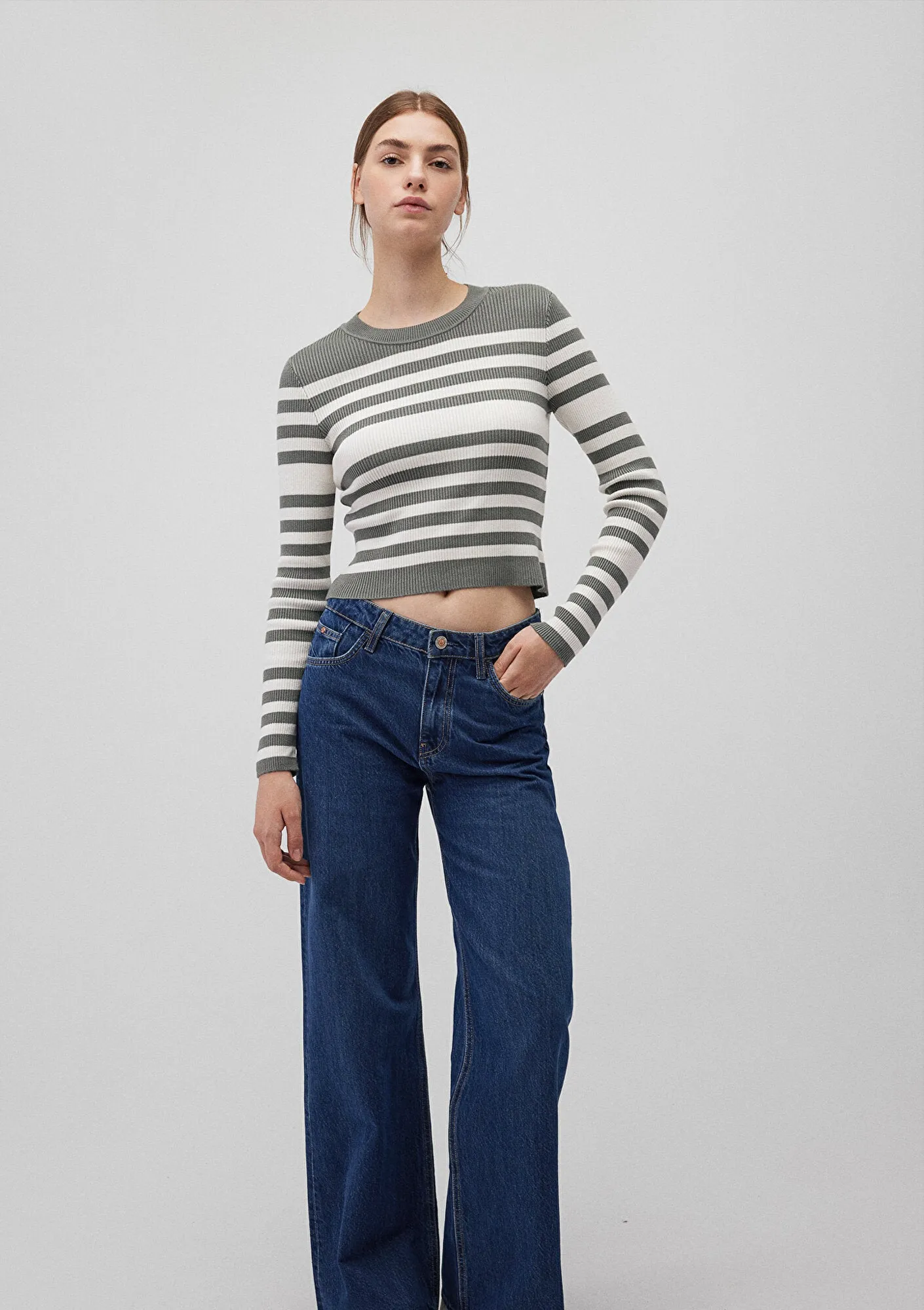 Grey Striped Crewneck Sweater