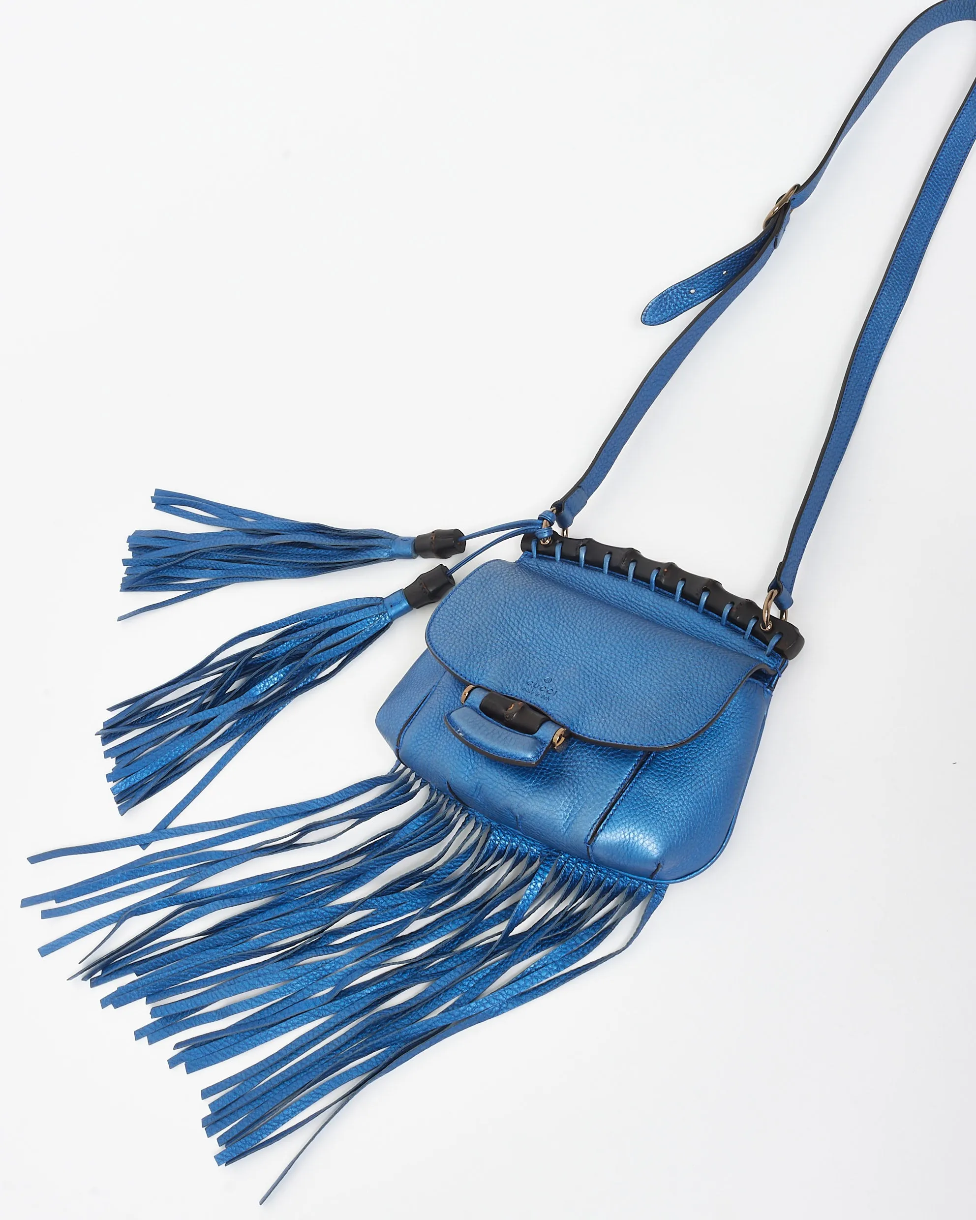Gucci Metallic Blue Leather Fringe & Bamboo Crossbody Bag