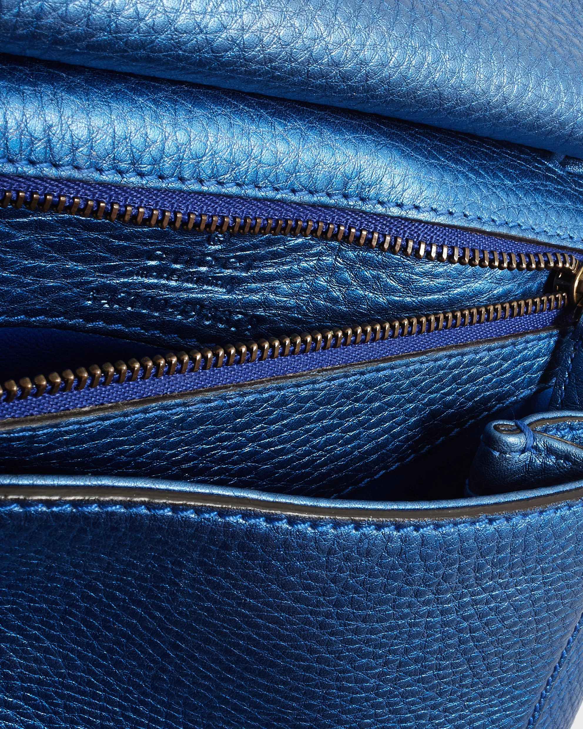 Gucci Metallic Blue Leather Fringe & Bamboo Crossbody Bag
