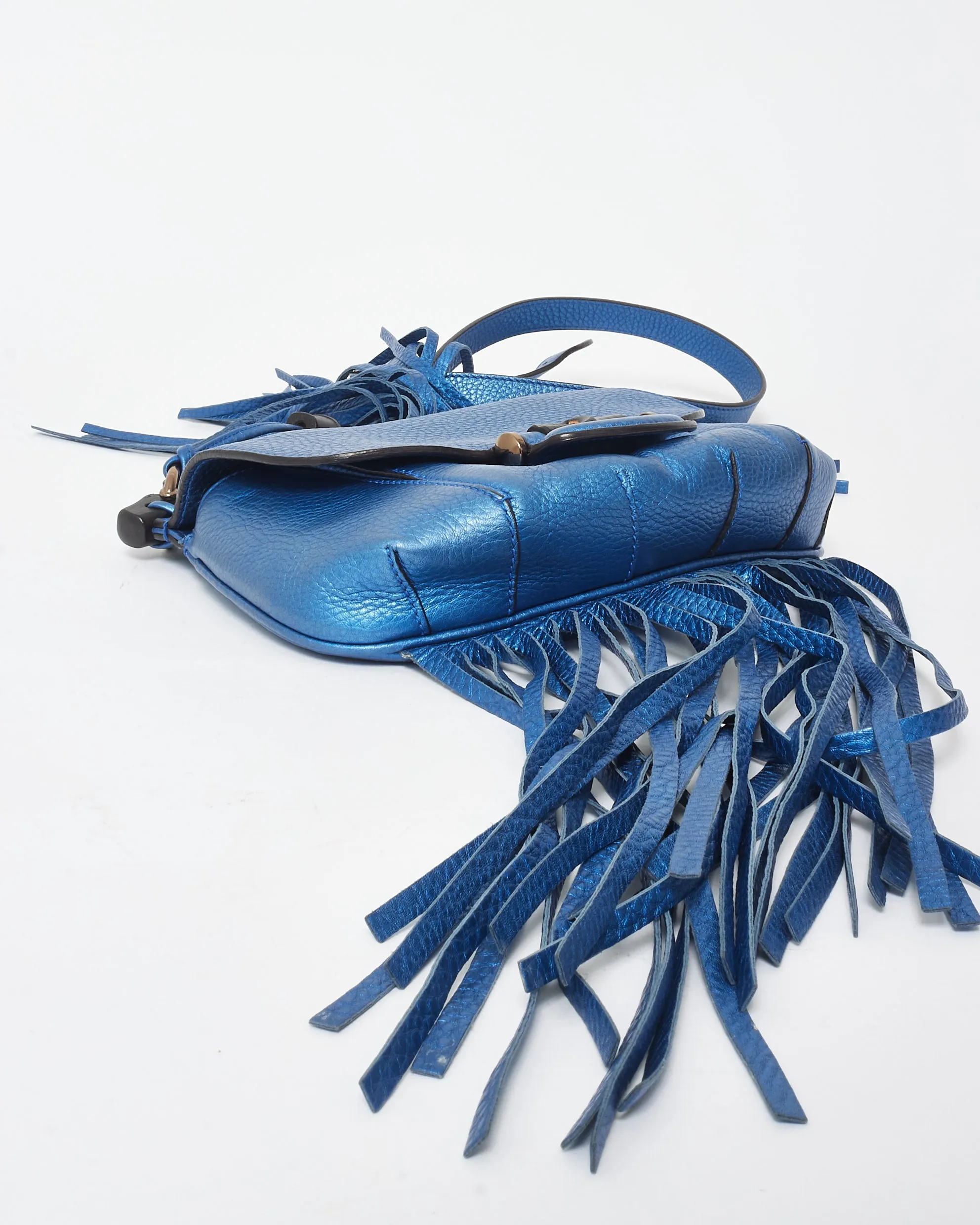 Gucci Metallic Blue Leather Fringe & Bamboo Crossbody Bag