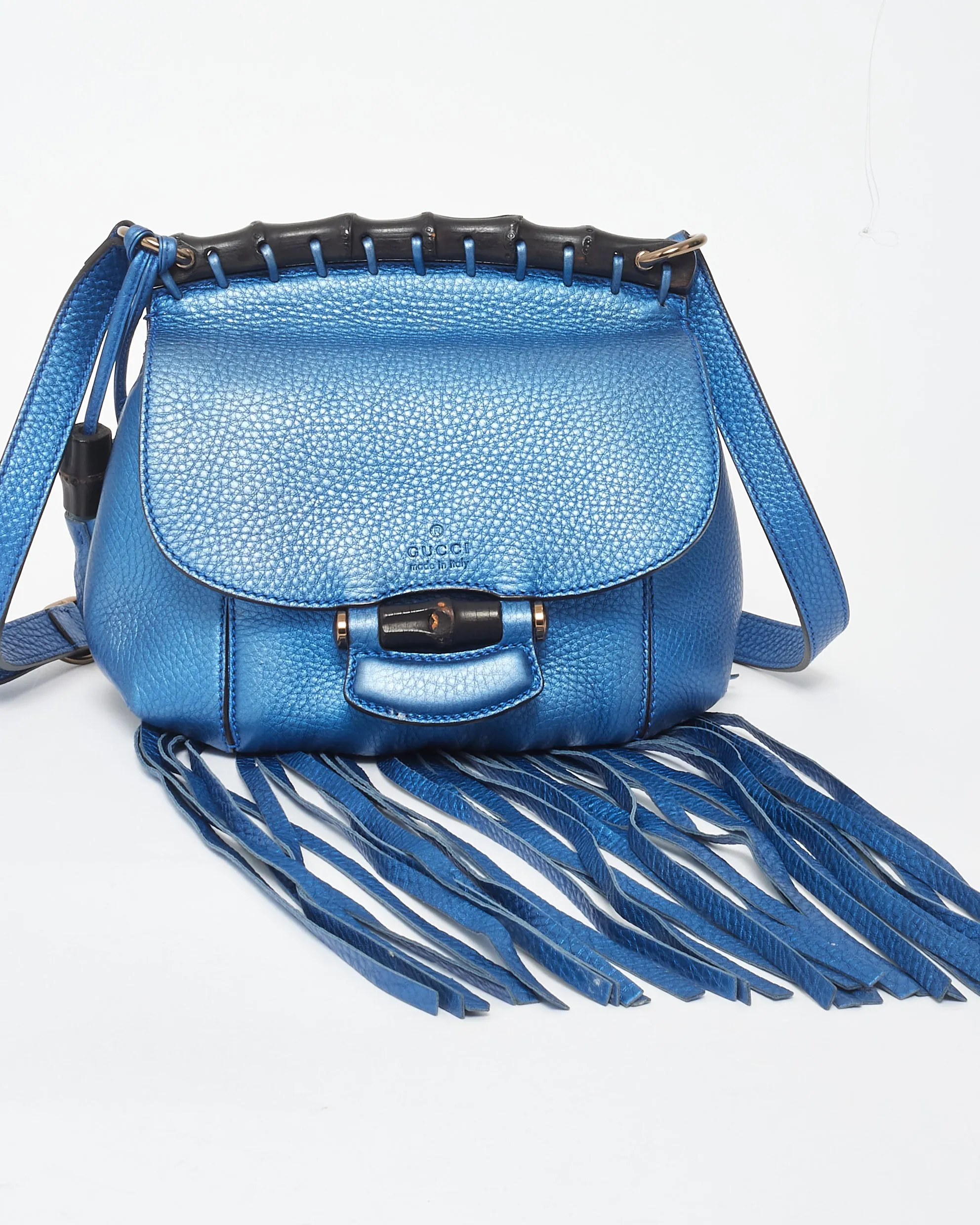 Gucci Metallic Blue Leather Fringe & Bamboo Crossbody Bag