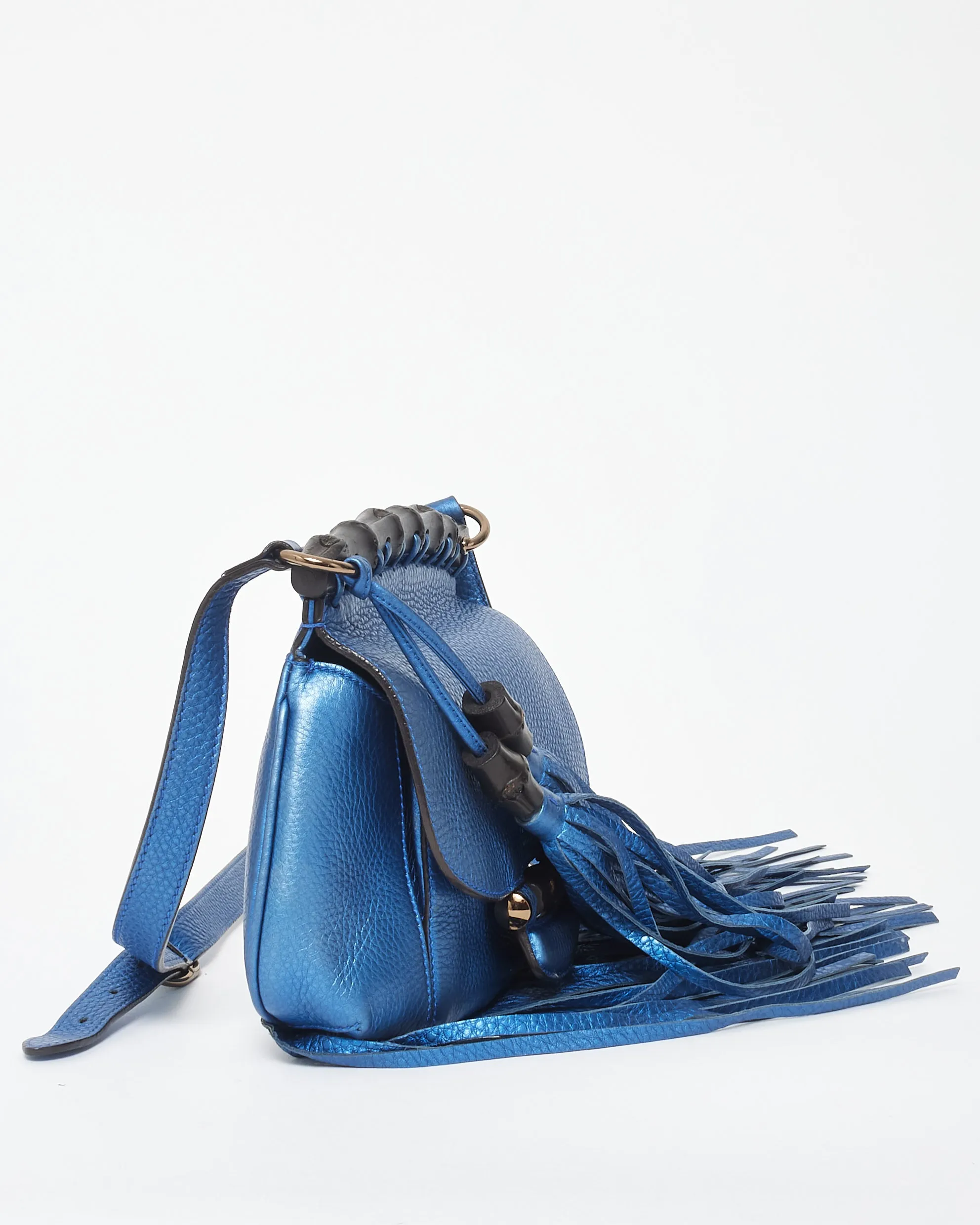 Gucci Metallic Blue Leather Fringe & Bamboo Crossbody Bag