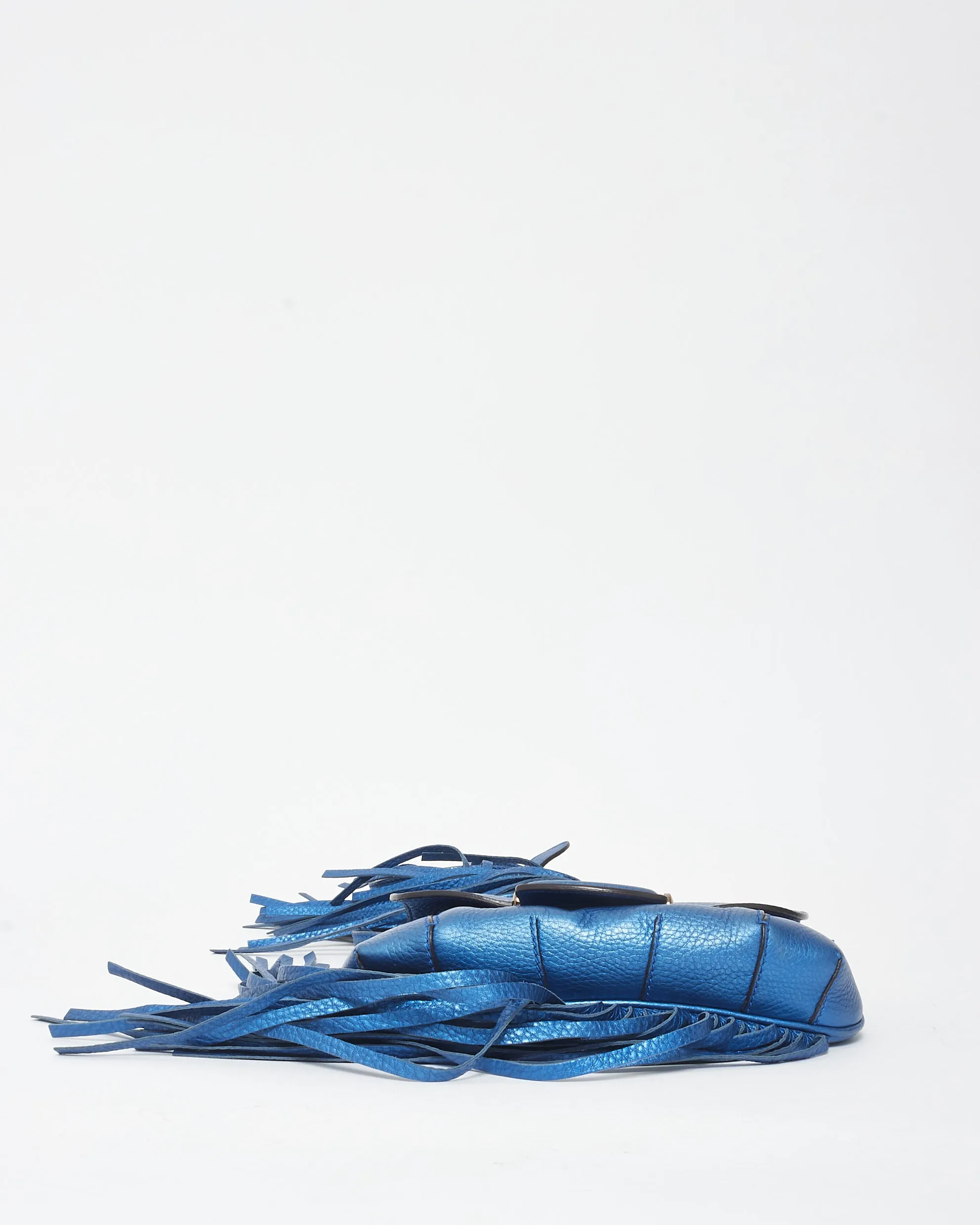 Gucci Metallic Blue Leather Fringe & Bamboo Crossbody Bag