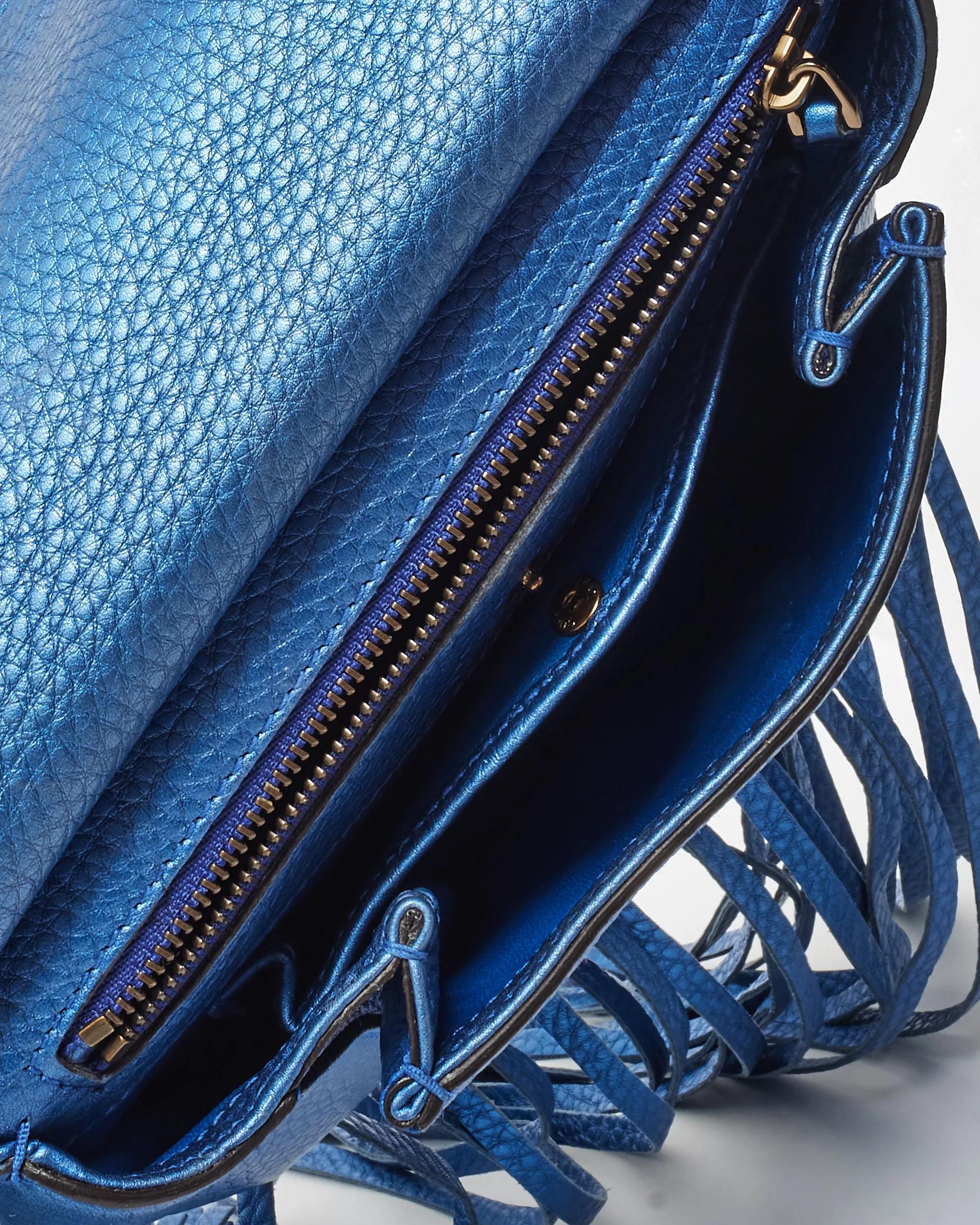 Gucci Metallic Blue Leather Fringe & Bamboo Crossbody Bag