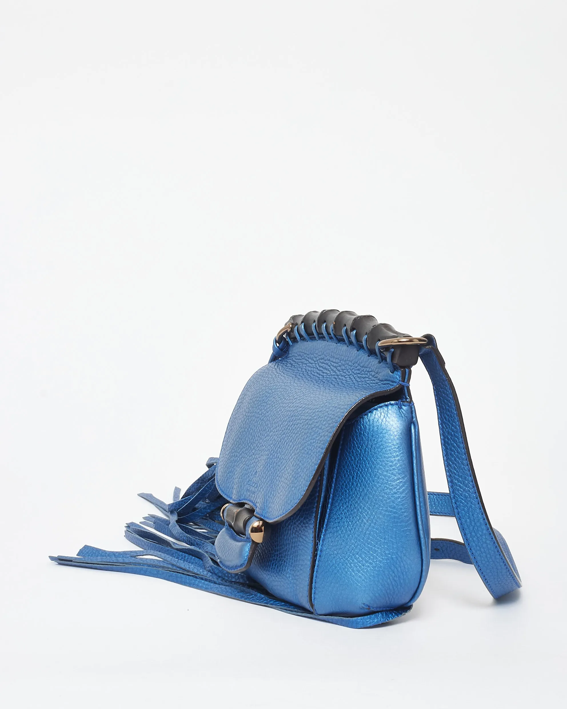 Gucci Metallic Blue Leather Fringe & Bamboo Crossbody Bag