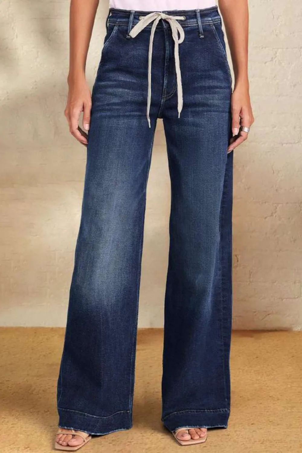 Hazel Blues® |  Contrast Drawstring Wide Leg Jeans