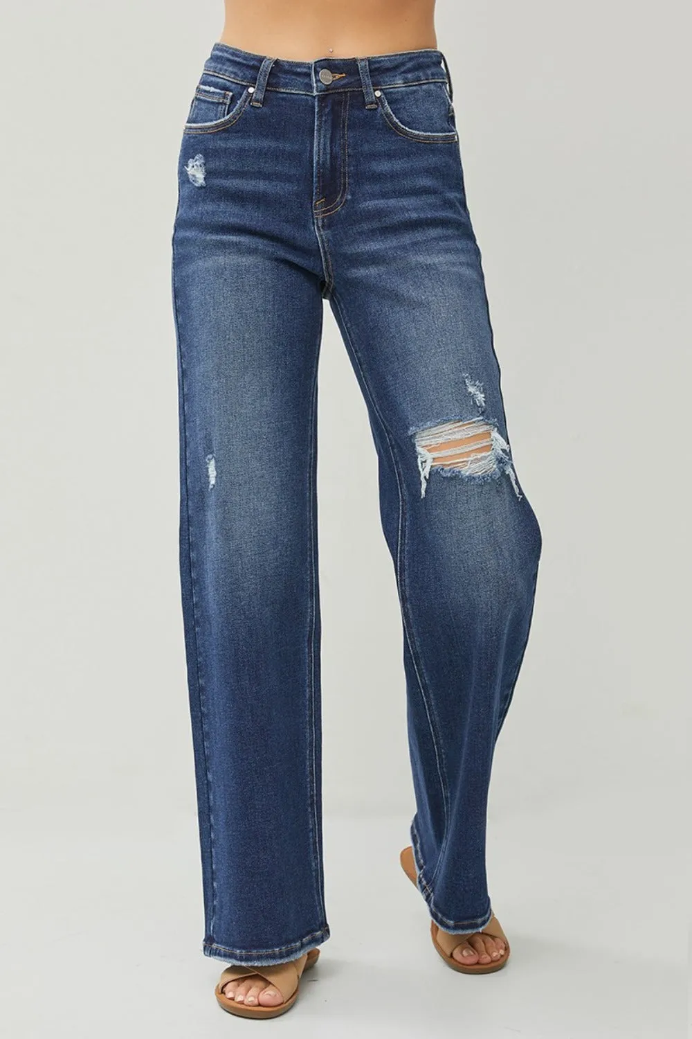 Hazel Blues® |  RISEN High Rise Distressed Wide Leg Jeans