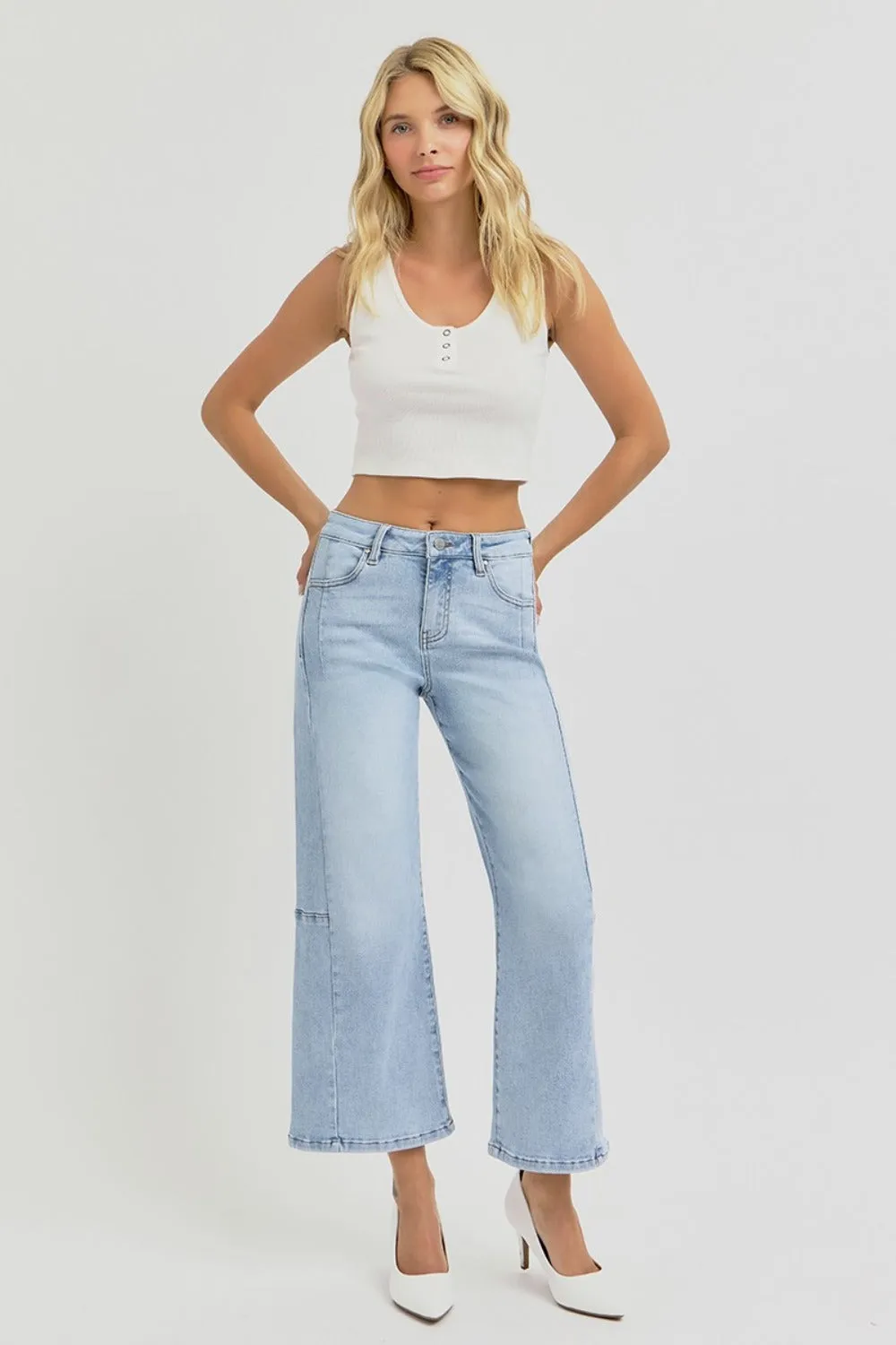 Hazel Blues® |  RISEN High Rise Seamed Detail Wide Leg Crop Jeans