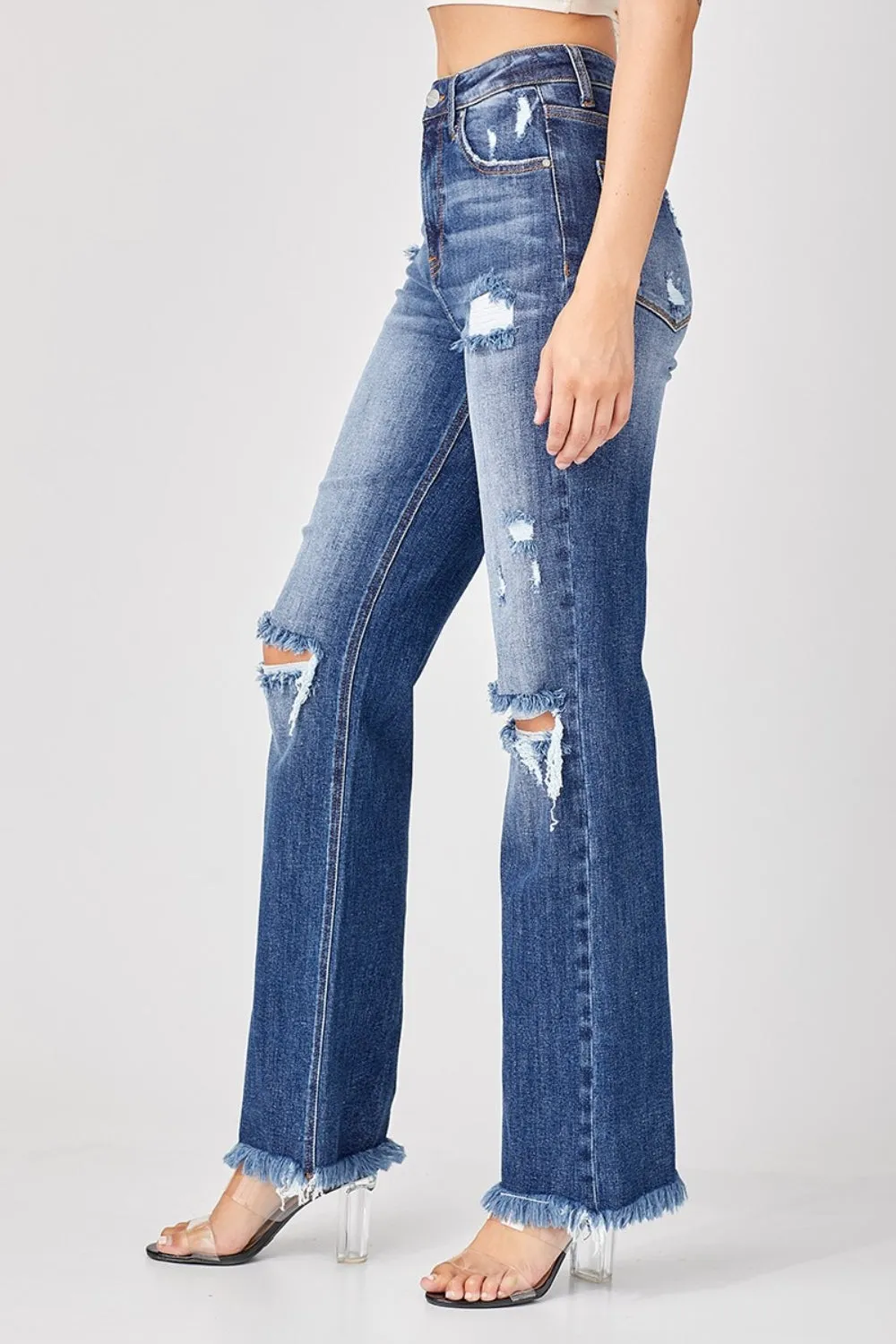 Hazel Blues® |  Risen Raw Hem Distressed Straight Jeans