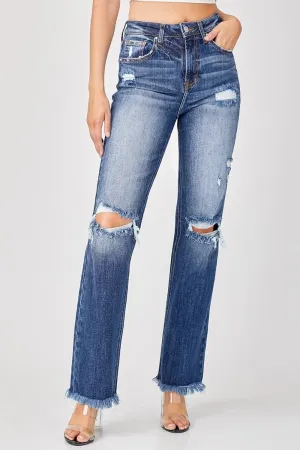 Hazel Blues® |  Risen Raw Hem Distressed Straight Jeans