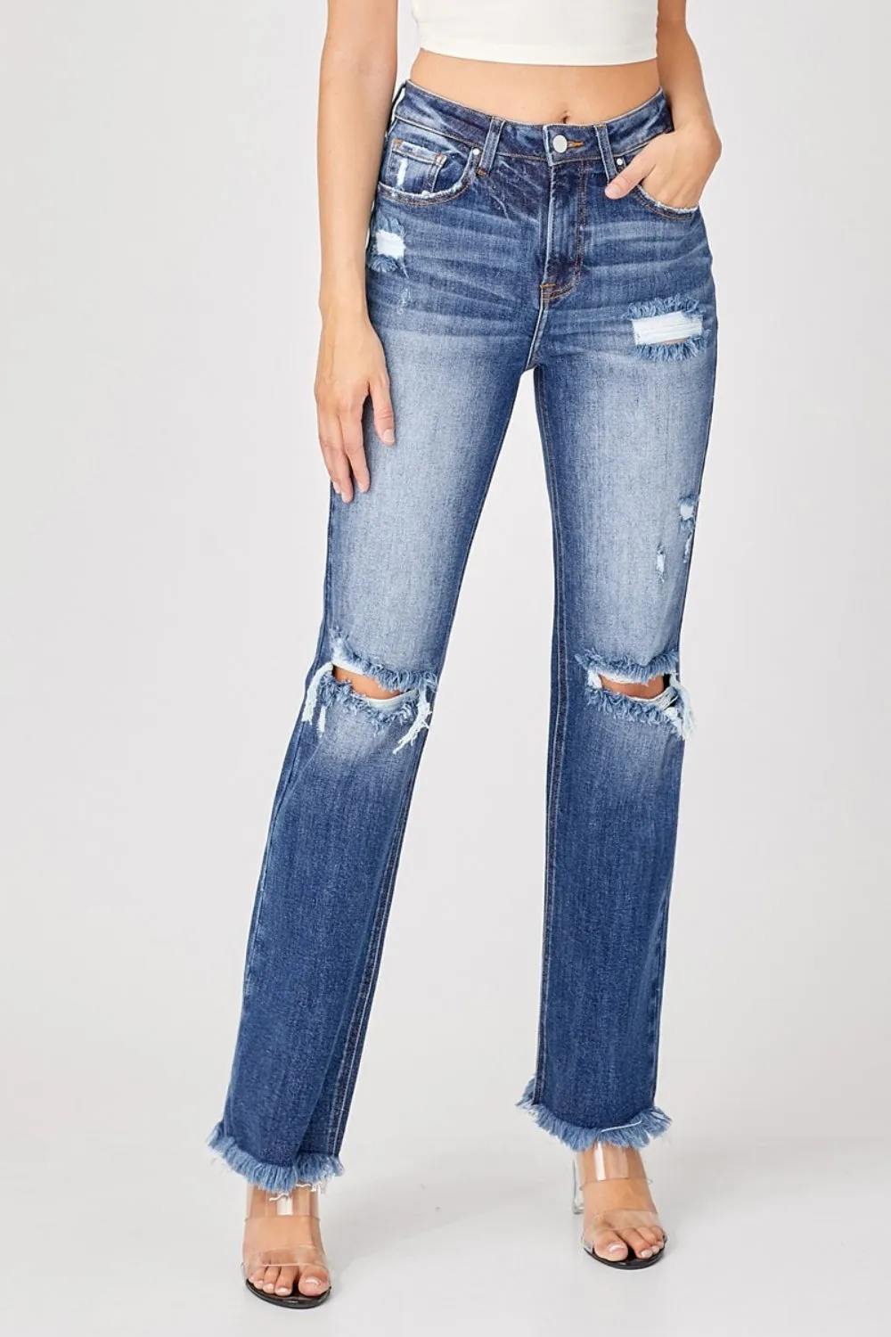 Hazel Blues® |  Risen Raw Hem Distressed Straight Jeans