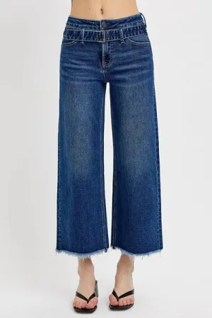 Hazel Blues® |  RISEN Raw Hem Wide Leg Attached Buckle Jeans