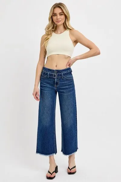 Hazel Blues® |  RISEN Raw Hem Wide Leg Attached Buckle Jeans
