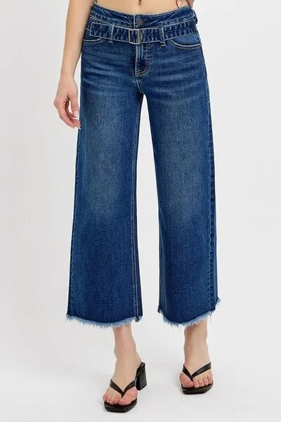Hazel Blues® |  RISEN Raw Hem Wide Leg Attached Buckle Jeans
