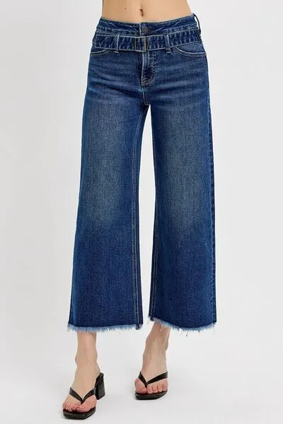 Hazel Blues® |  RISEN Raw Hem Wide Leg Attached Buckle Jeans