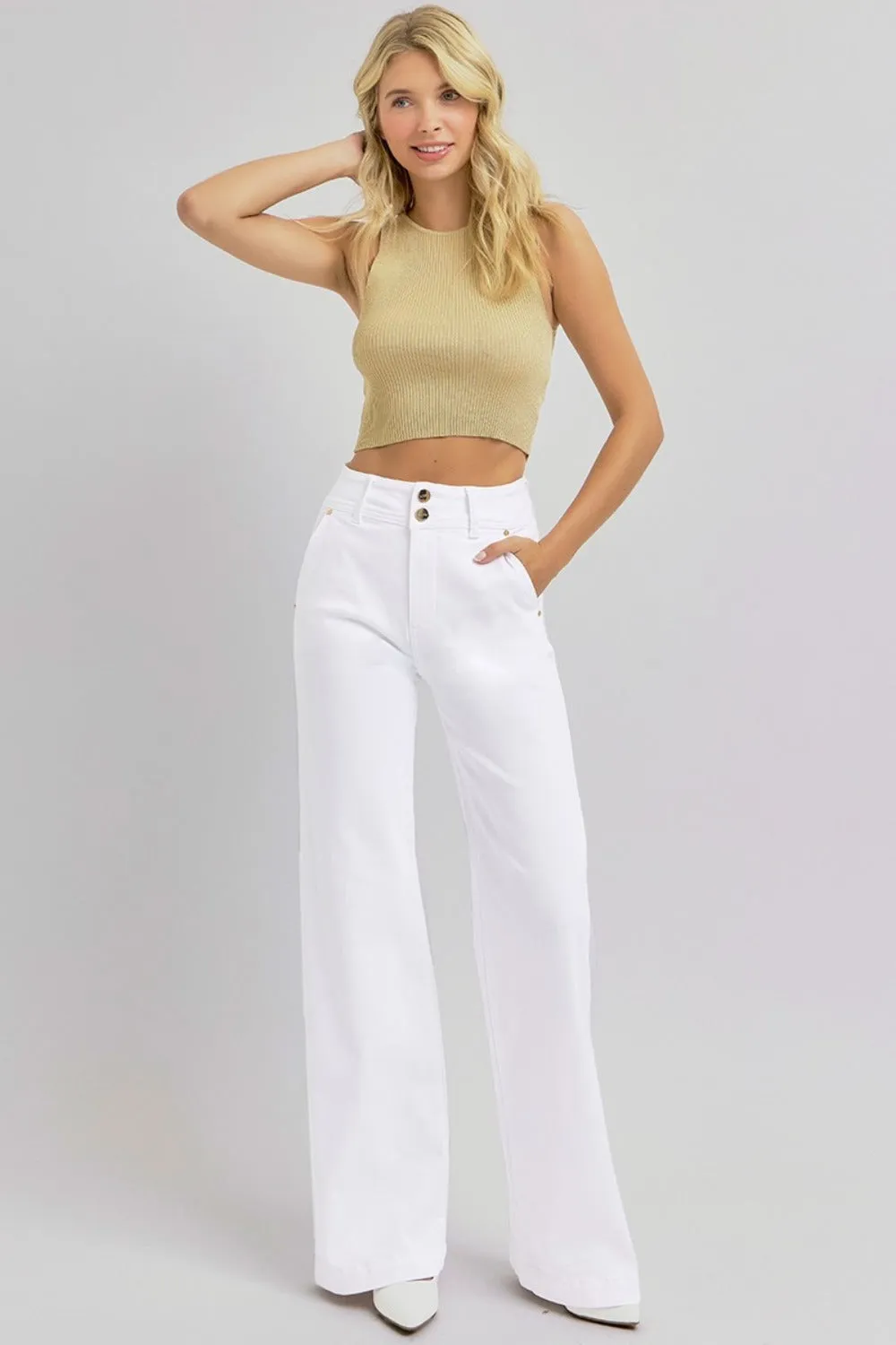 Hazel Blues® |  RISEN Tummy Control Double Button Wide Leg Jeans
