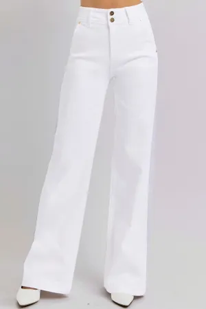 Hazel Blues® |  RISEN Tummy Control Double Button Wide Leg Jeans