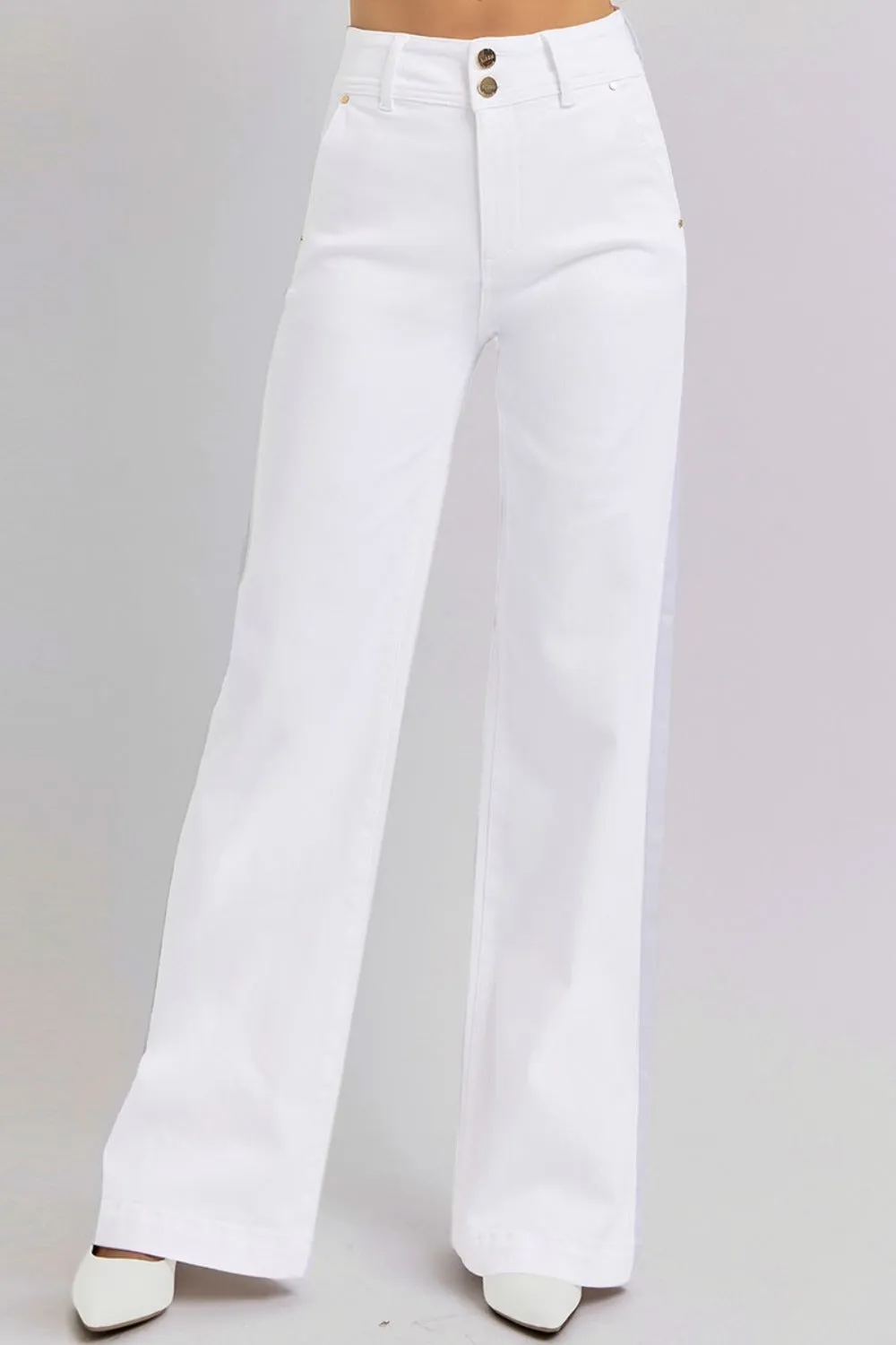 Hazel Blues® |  RISEN Tummy Control Double Button Wide Leg Jeans