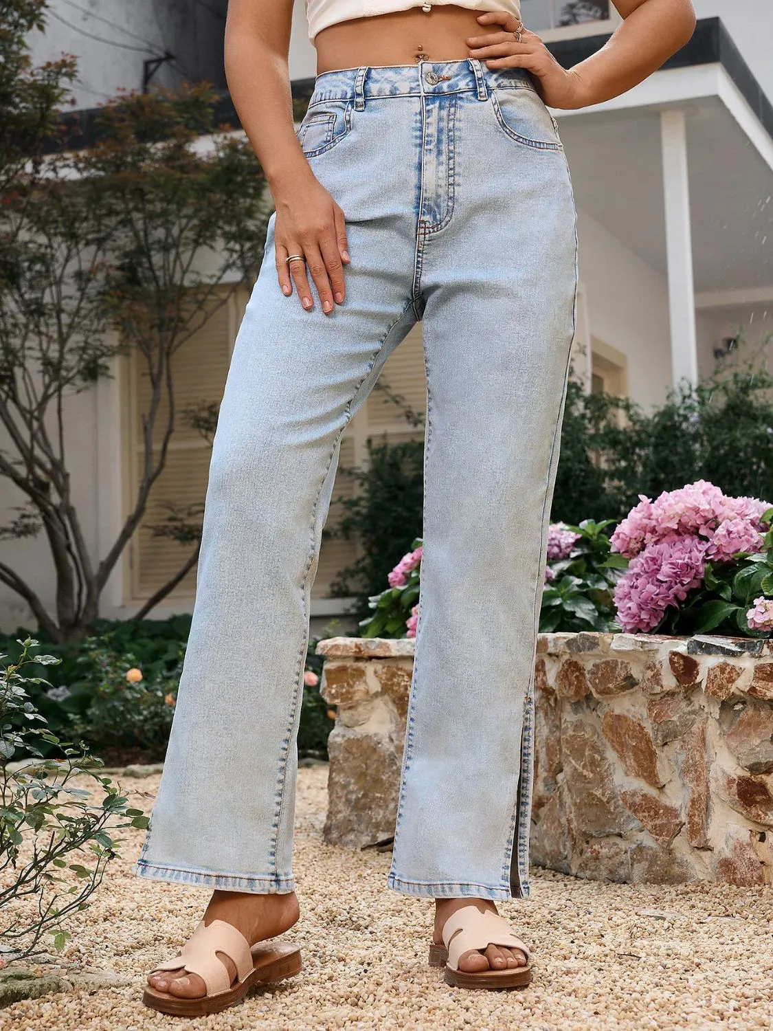 Hazel Blues® |  Side Slit Straight Leg Jeans with Pockets