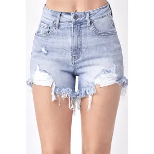 High Rise Distressed Raw Hem Shorts