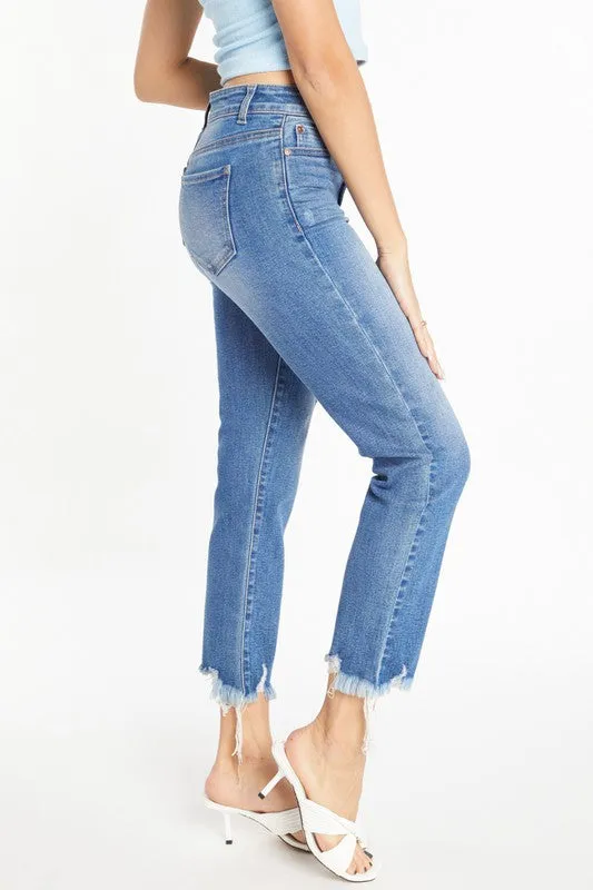 HIGH RISE UNEVEN FRAY HEM DETAILED STRAIGHT