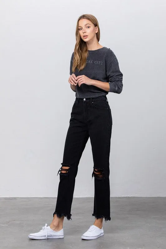 High Waist Ripped Frayed Hem Straight Black Jeans