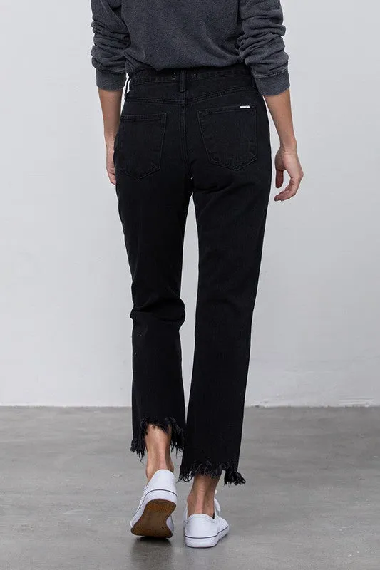 High Waist Ripped Frayed Hem Straight Black Jeans