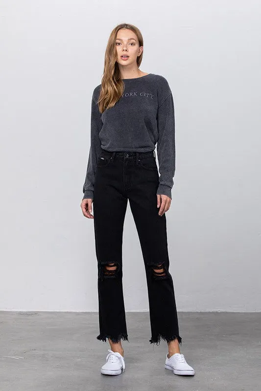High Waist Ripped Frayed Hem Straight Black Jeans