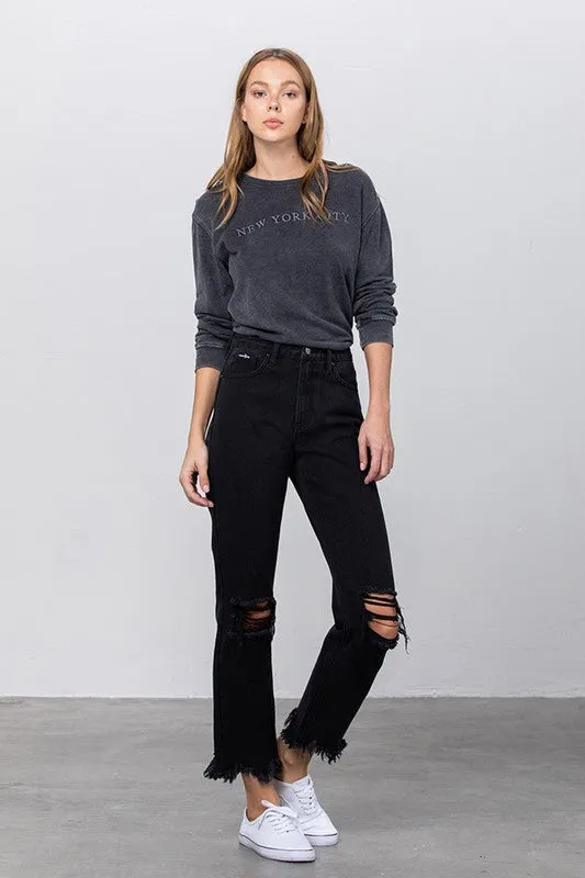 High Waist Ripped Frayed Hem Straight Black Jeans