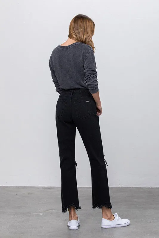 High Waist Ripped Frayed Hem Straight Black Jeans