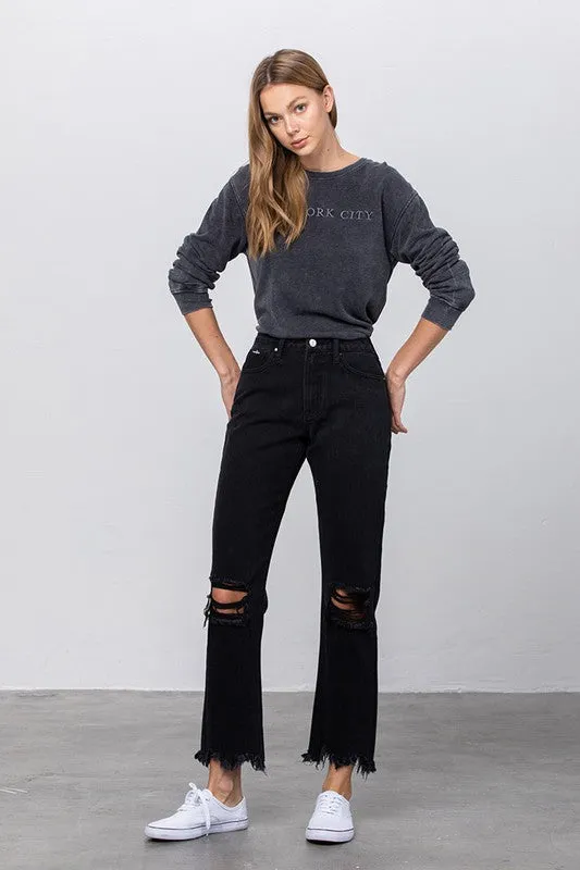 High Waist Ripped Frayed Hem Straight Black Jeans