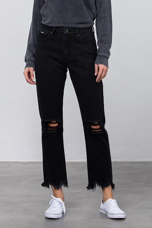 High Waist Ripped Frayed Hem Straight Black Jeans