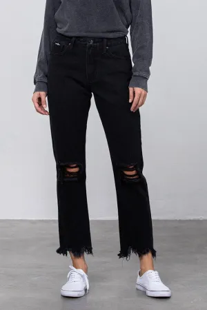 High Waist Ripped Frayed Hem Straight Black Jeans