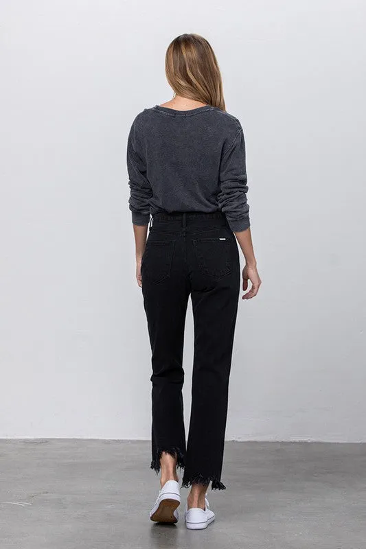 High Waist Ripped Frayed Hem Straight Black Jeans