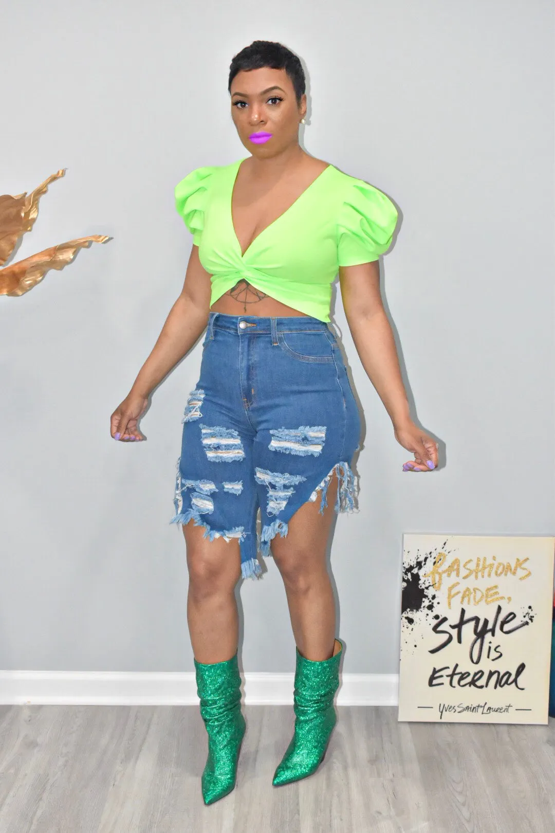 High Waisted Distressed Mid Dark Denim Shorts