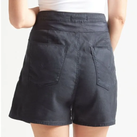 HUDSON I Black Casual Wide Leg Linen Blend Drawstring Paperbag Shorts, 32