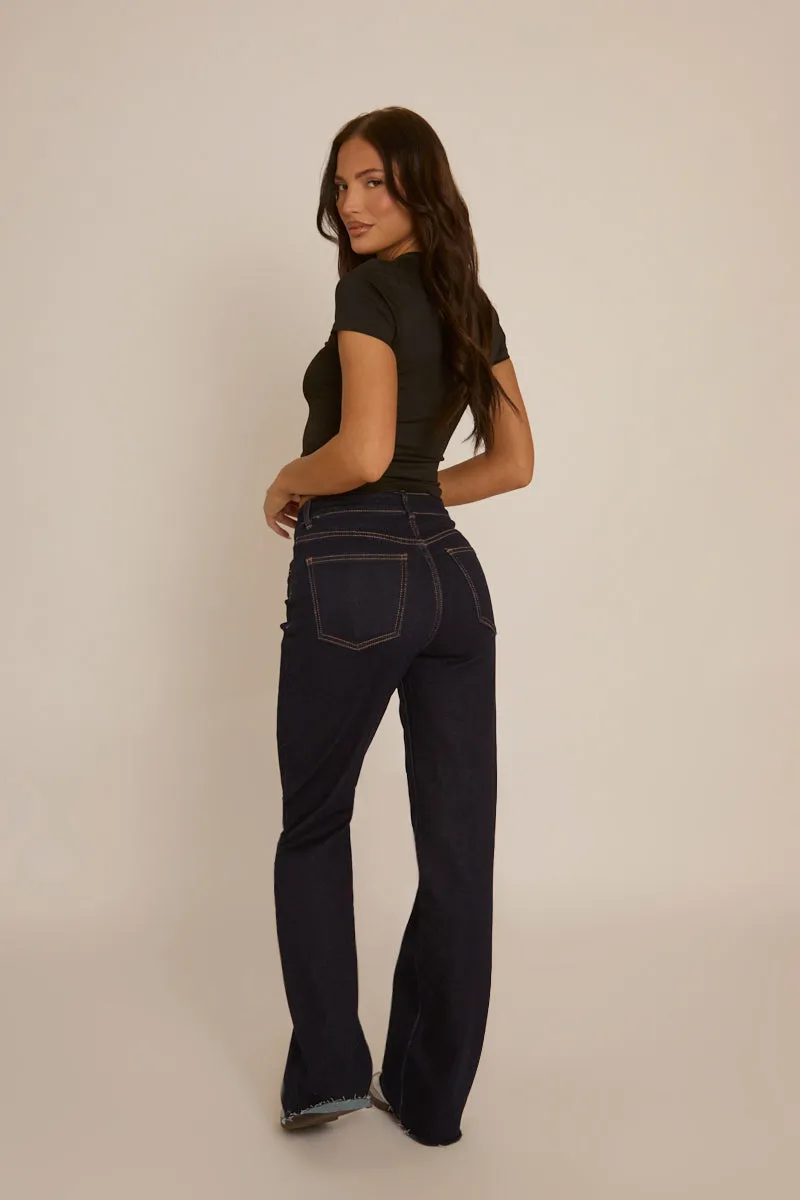Indigo Stretch Straight Leg Frayed Hem Jeans - Scarlett