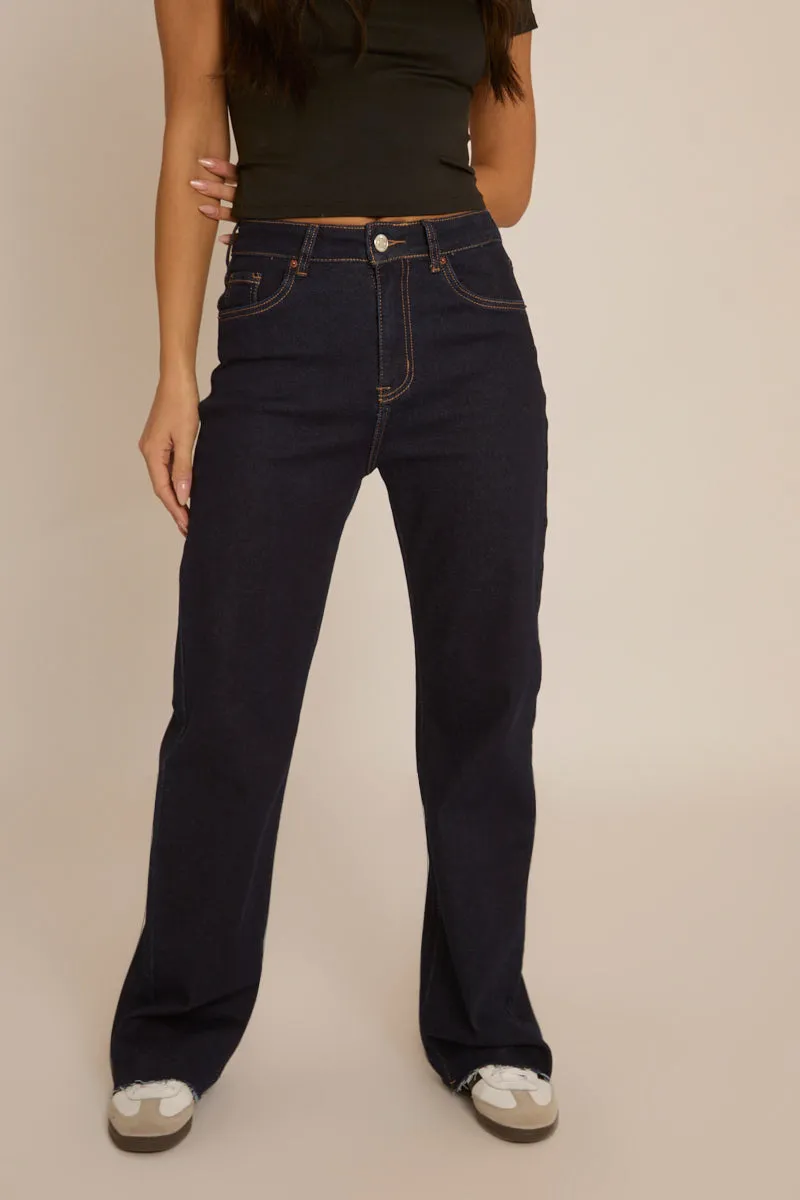 Indigo Stretch Straight Leg Frayed Hem Jeans - Scarlett