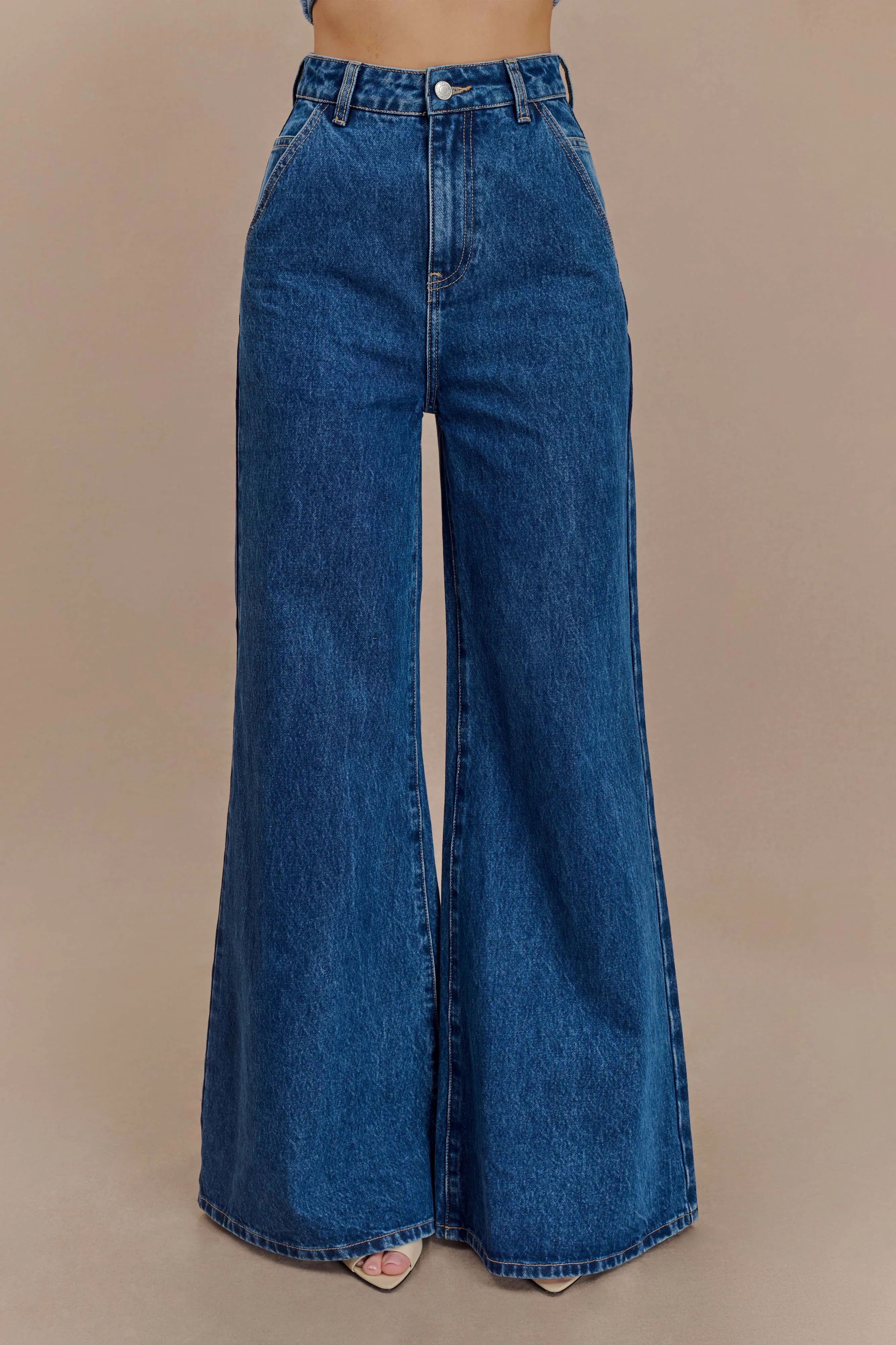 Jen Wide Leg Flare Denim Jeans - Dark Blue