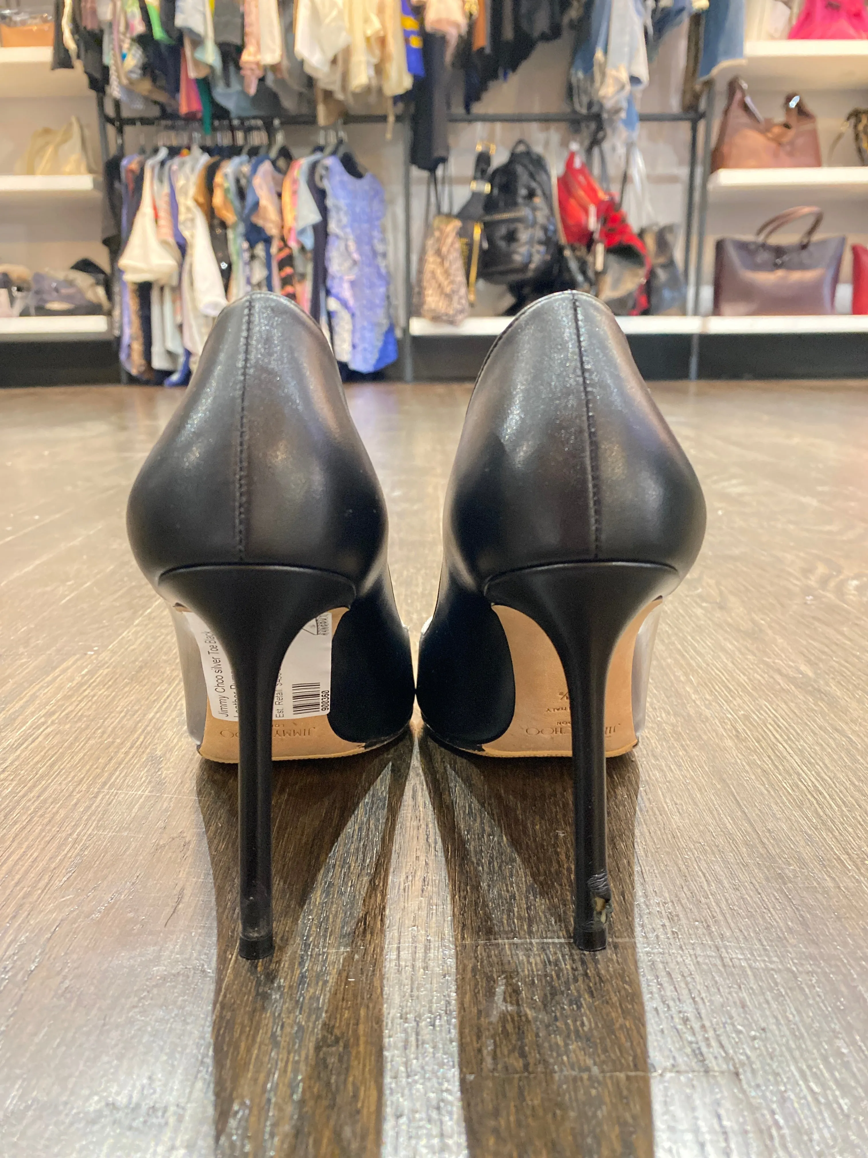 Jimmy Choo silver Toe Black Leather Pump