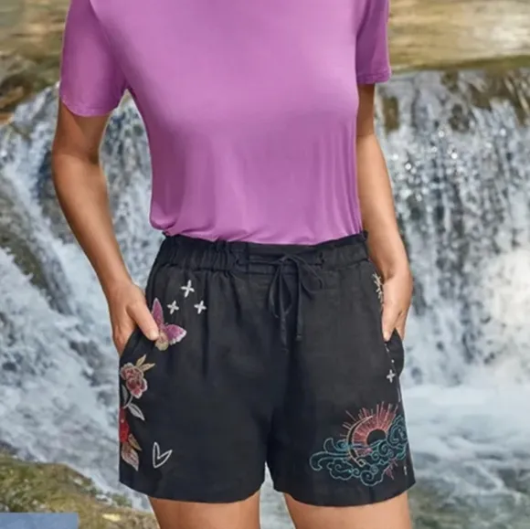 Johnny Was Embroidered Linen Shorts S
